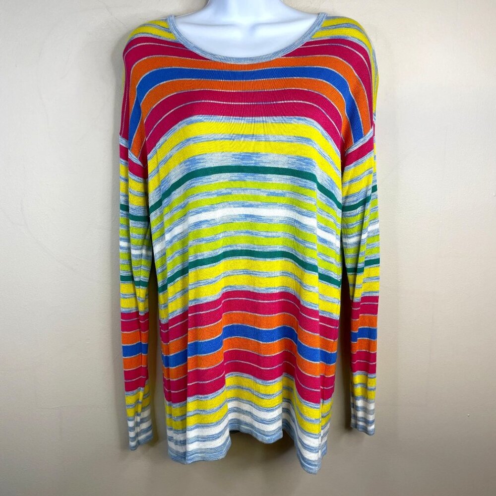 Soft Surroundings Womens Artsy Tunic Sweater Size L Yellow Colorful Striped Knit